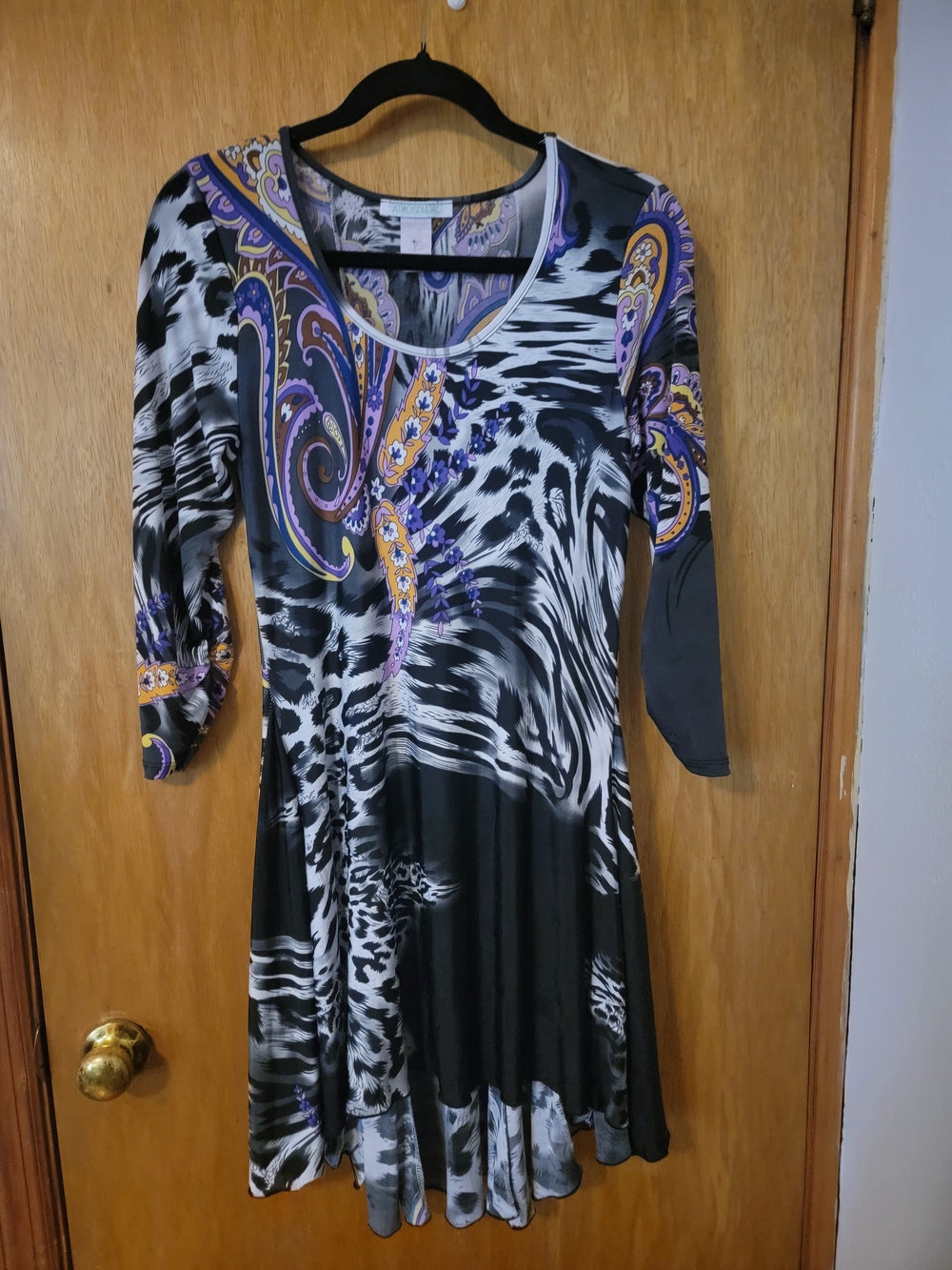 Atmosphere Black Long Top with Purple and Gold Paisley Print